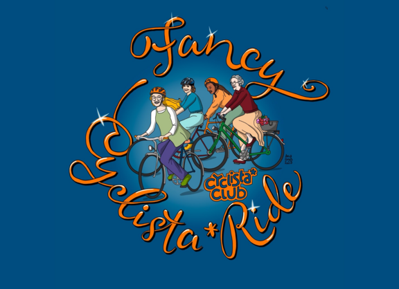 Gezeichnetes Logo Fancy Cylista*Ride: vier Frauen auf Fahrrädern vor blauem Hintergrund, darum ein verschnörkelter Schriftzug "Fancy Cyclista*Ride"