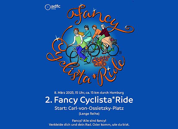 Gezeichneter Aufruf zum zweiten Fancy Cyclista*Ride, 4 Frauen auf Rädern. 
